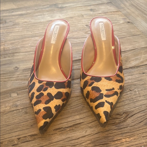Tony Bianco Shoes - Tony Bianco Leopard Pointed Mule in Tan and Black with Red Trim